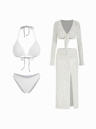 Halter Neckline Bikini Set with Lace Floral  Cover Up Set