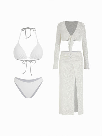 Halter Neckline Bikini Set with Lace Floral  Cover Up Set