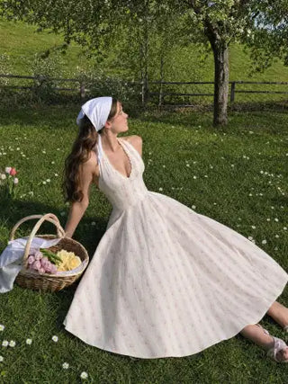 Halter Neckline Floral Lace Up Backless Maxi Dress