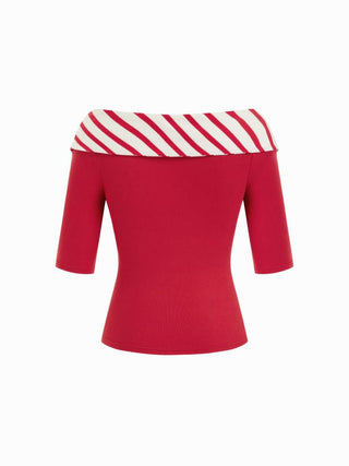 Cotton-blend Striped Sailor Collar Off-shoulder Mid-length Sleeve Tee