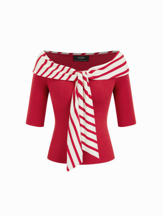 Cotton-blend Striped Sailor Collar Off-shoulder Mid-length Sleeve Tee