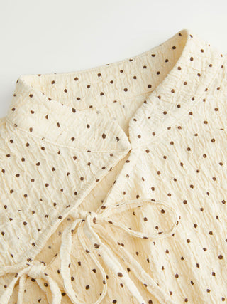 Polka Dot Mandarin Collar Short Sleeve Knotted Ruched Top