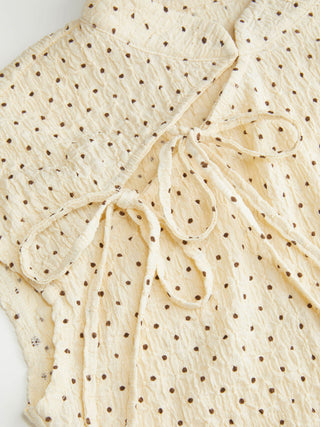 Polka Dot Mandarin Collar Short Sleeve Knotted Ruched Top