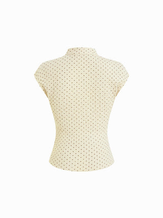 Polka Dot Mandarin Collar Short Sleeve Knotted Ruched Top