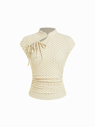 Polka Dot Mandarin Collar Short Sleeve Knotted Ruched Top