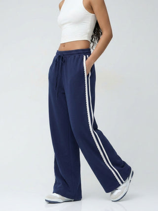 Low Rise Floral Trim Side Stripe Wide Leg Sweatpants