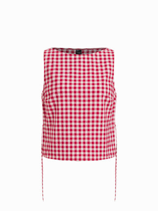 Boat Neck Checks Knotted Top & Mid Rise Elastic Waist Straight Leg Trousers Set