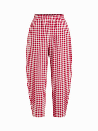 Boat Neck Checks Knotted Top & Mid Rise Elastic Waist Straight Leg Trousers Set