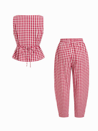 Boat Neck Checks Knotted Top & Mid Rise Elastic Waist Straight Leg Trousers Set