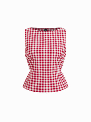 Boat Neck Checks Knotted Top & Mid Rise Elastic Waist Straight Leg Trousers Set