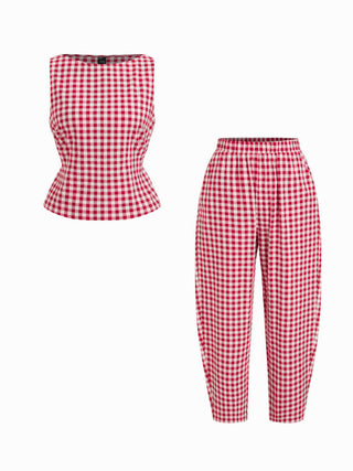 Boat Neck Checks Knotted Top & Mid Rise Elastic Waist Straight Leg Trousers Set