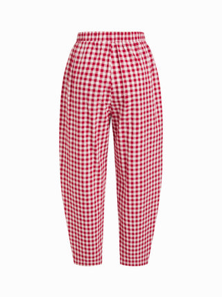 Boat Neck Checks Knotted Top & Mid Rise Elastic Waist Straight Leg Trousers Set