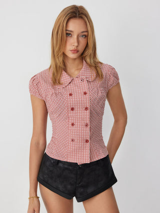 Cotton-blend Gingham Peter Pan Collar Puff Sleeve Double Breasted Blouse