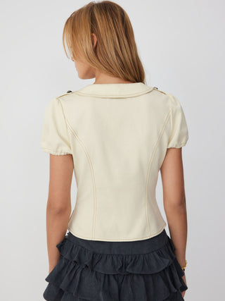 Cotton-blend Peter Pan Collar Contrast Stitching Puff Sleeve Blouse