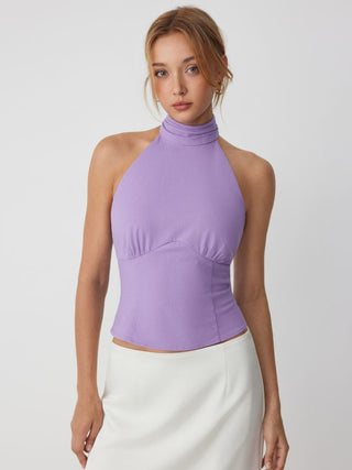 Linen-blend Halter Neck Ruched Backless Tank Top