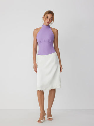 Linen-blend Halter Neck Ruched Backless Tank Top