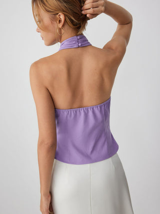 Linen-blend Halter Neck Ruched Backless Tank Top