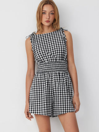Cotton-blend Gingham Boat Neck Tie Shoulder Shirred Mid Rise Romper
