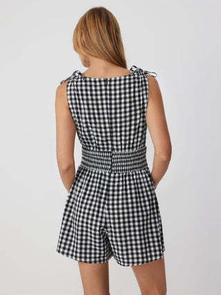 Cotton-blend Gingham Boat Neck Tie Shoulder Shirred Mid Rise Romper
