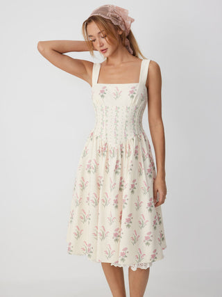 Square Neck Floral Corset Midi Dress