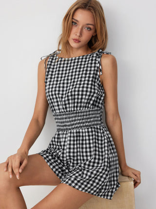 Cotton-blend Gingham Boat Neck Tie Shoulder Shirred Mid Rise Romper