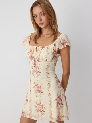 Chiffon Floral Square Neck Ruffle Sleeve Tie Front A-line Mini Dress