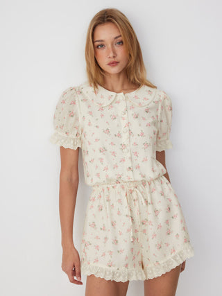Floral Peter Pan Collar Puff Sleeve Lace Trim Mid Rise Romper