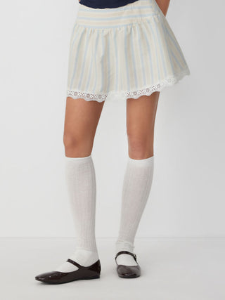 Cotton-blend Mid Rise Striped Lace Trim A-line Mini Skirt