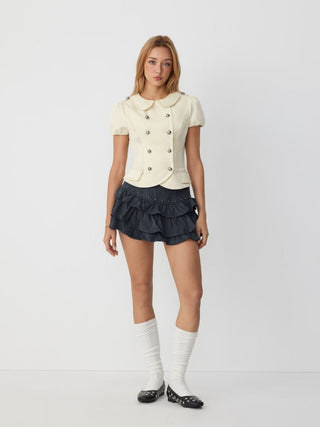 Cotton-blend Peter Pan Collar Contrast Stitching Puff Sleeve Blouse