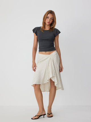 Linen-blend Low Rise Draped Asymmetrical Midi Skirt