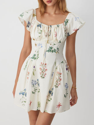 Cotton Floral Square Neck Cloak Sleeve Ruched Milkmaid Mini Dress