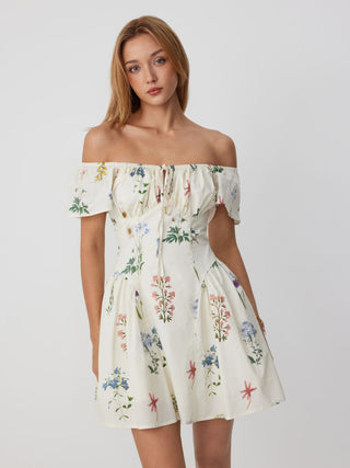 Cotton Floral Square Neck Cloak Sleeve Ruched Milkmaid Mini Dress