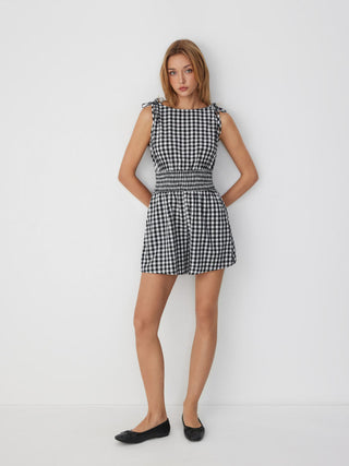 Cotton-blend Gingham Boat Neck Tie Shoulder Shirred Mid Rise Romper