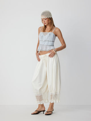 Chiffon Striped Lace Trim Ruffle Hem Crop Cami Top