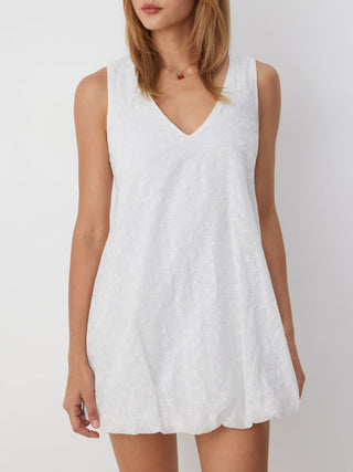 Cotton Lace Jacquard V-neck Bubble Hem Oversized Mini Dress