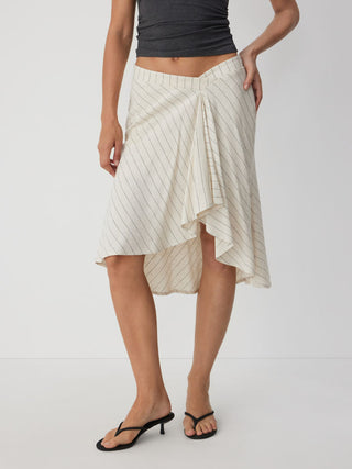 Linen-blend Low Rise Draped Asymmetrical Midi Skirt