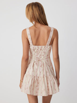 Cotton Floral Square Neck Lace Up Ruffle Hem A-line Mini Dress