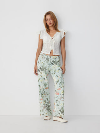 Denim Low Rise Striped Floral Graphic Asymmetrical Metal Detail Wide Leg Jeans