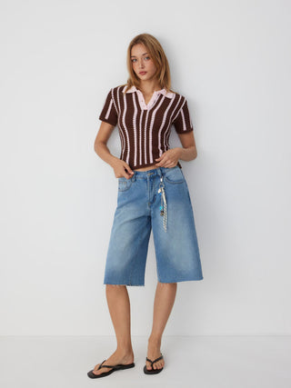 Knit Cotton-blend Stripe Pointelle Polo Neck Colorblock Short Sleeve Top