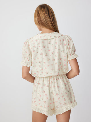 Floral Peter Pan Collar Puff Sleeve Lace Trim Mid Rise Romper