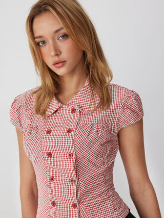 Cotton-blend Gingham Peter Pan Collar Puff Sleeve Double Breasted Blouse