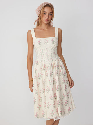 Square Neck Floral Corset Midi Dress