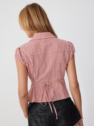 Cotton-blend Gingham Peter Pan Collar Puff Sleeve Double Breasted Blouse