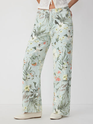 Denim Low Rise Striped Floral Graphic Asymmetrical Metal Detail Wide Leg Jeans
