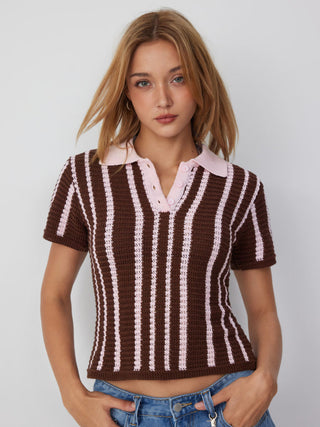 Knit Cotton-blend Stripe Pointelle Polo Neck Colorblock Short Sleeve Top