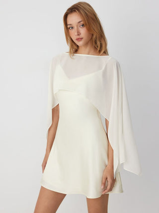 Sheer Boat Neck Cape Top & Satin High Rise Mini Dress Set