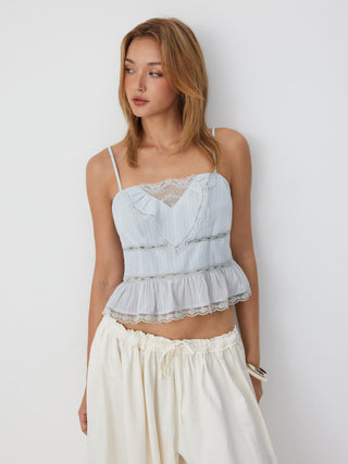 Chiffon Striped Lace Trim Ruffle Hem Crop Cami Top
