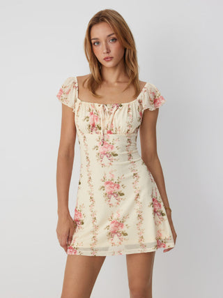 Chiffon Floral Square Neck Ruffle Sleeve Tie Front A-line Mini Dress