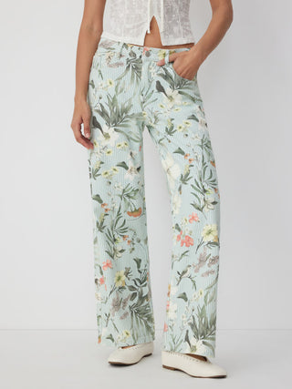 Denim Low Rise Striped Floral Graphic Asymmetrical Metal Detail Wide Leg Jeans