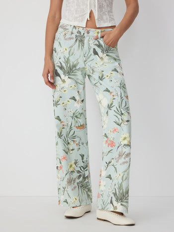 Denim Low Rise Striped Floral Graphic Asymmetrical Metal Detail Wide Leg Jeans
